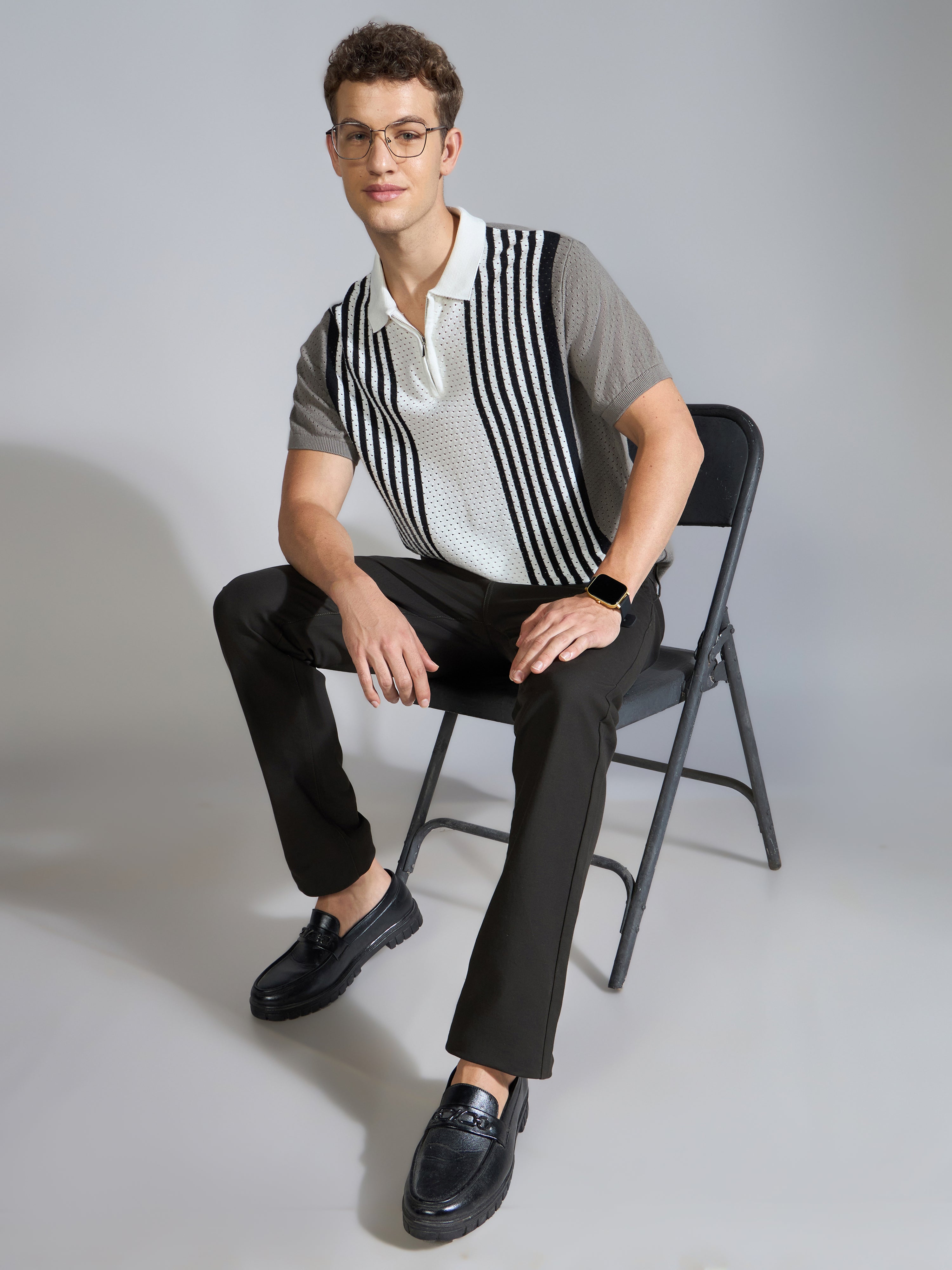 Men's Regular Fit Half Zip Stripe Knit Polo T-Shirt in brushed nickel