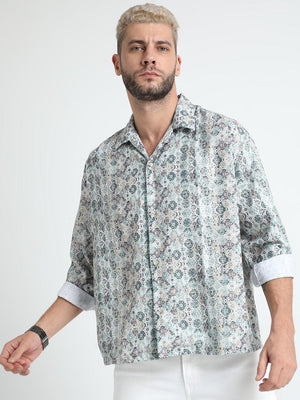 Men Oversized Cuban Collar Pale Slate Shirt - Espanshe