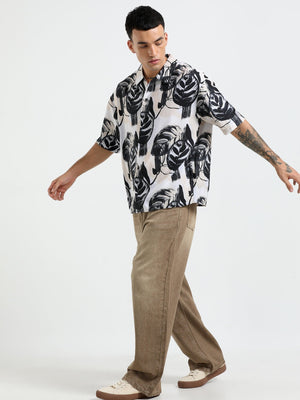 Whisp Cropped Baggy Floral Printed Shirt - Cream - Espanshe