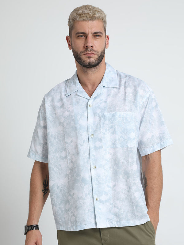 Men's Tropical Blue Printed Baggy Short Sleeve Shirt