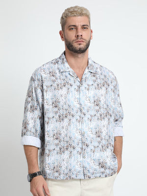 Men Oversized Cuban Collar Lavender Gray Shirt - Espanshe