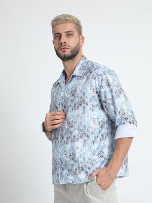 Men Oversized Cuban Collar Regent St Blue Shirt - Espanshe