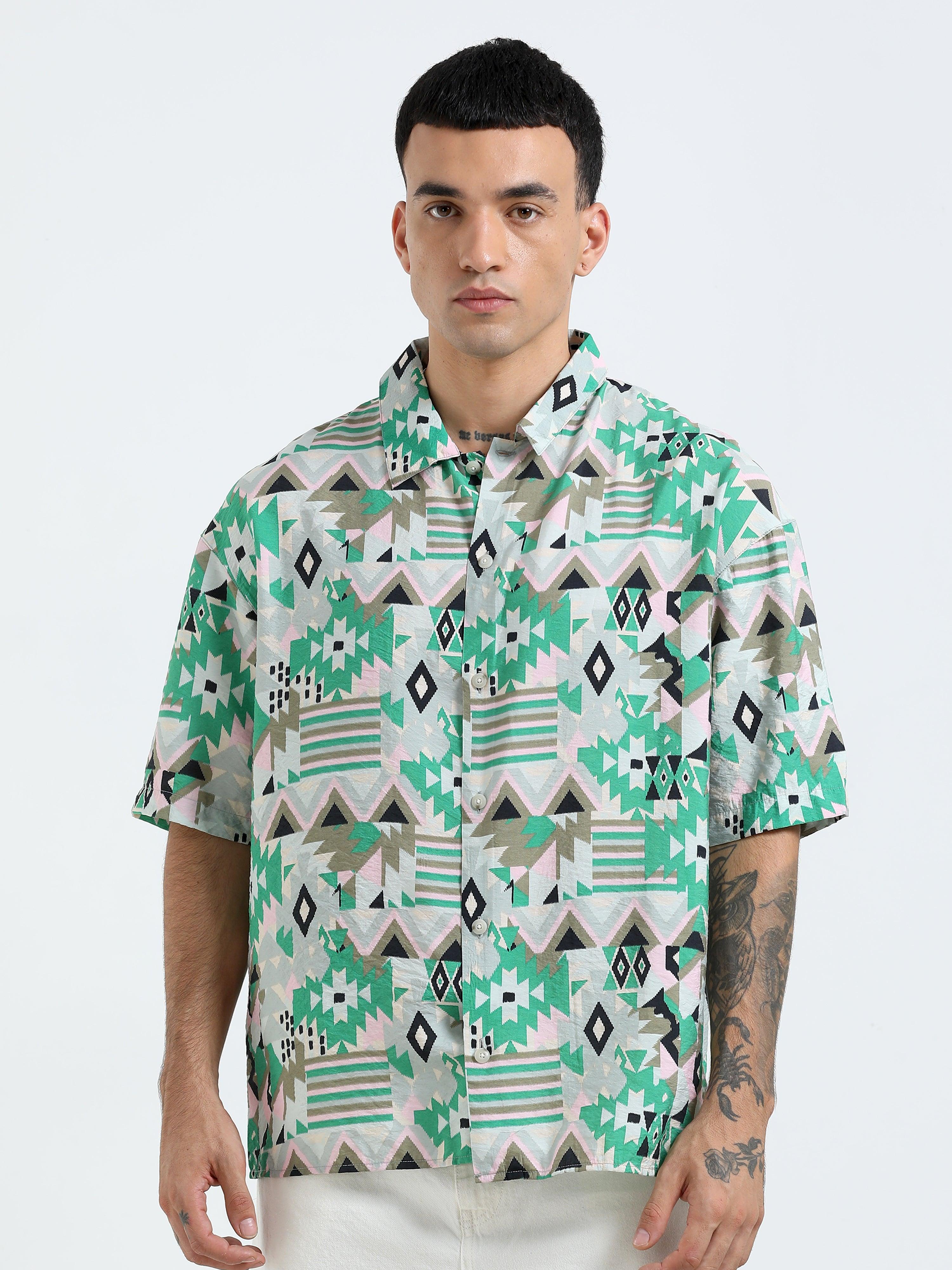 Whisp Cropped Baggy Geometric Printed Shirt - Green – Espanshe
