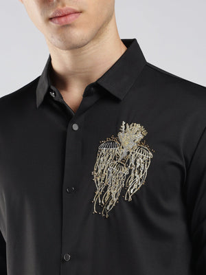 Fatal - Black Shirt with Stone Embellished Jellyfish - Espanshe