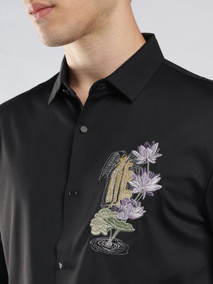 Fatal - Lotus Flower Embroidery Shirt - Black - Espanshe