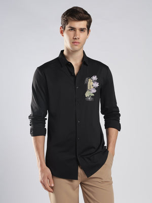 Fatal - Lotus Flower Embroidery Shirt - Black - Espanshe
