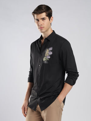 Fatal - Lotus Flower Embroidery Shirt - Black - Espanshe