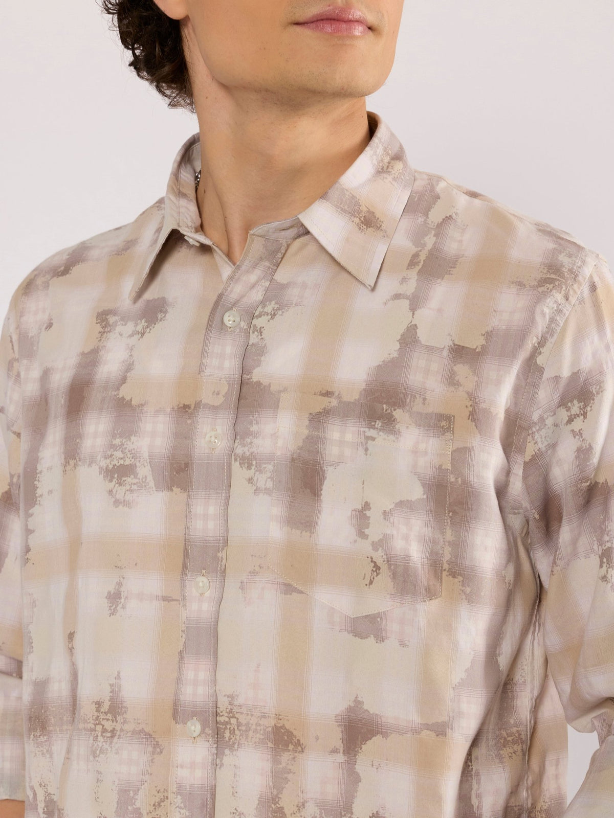 Jules - Digital Print Checkered Shirt - Beige - Espanshe