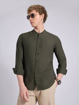 Pryor - Band Collar Plain Shirt - Green - Espanshe
