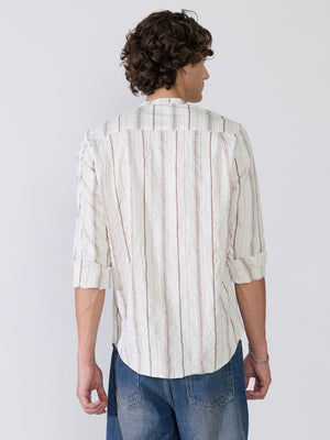 Aumena - Crinkle Pattern Striped Band Neck Shirt - Ivory White - Espanshe