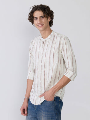 Aumena - Crinkle Pattern Striped Band Neck Shirt - Ivory White - Espanshe