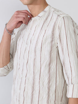 Aumena - Crinkle Pattern Striped Band Neck Shirt - Ivory White - Espanshe