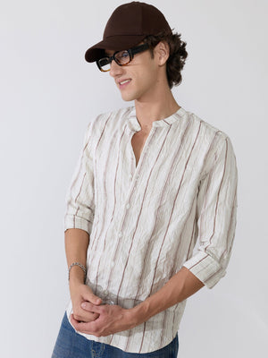 Aumena - Crinkle Pattern Striped Band Neck Shirt - Ivory White - Espanshe