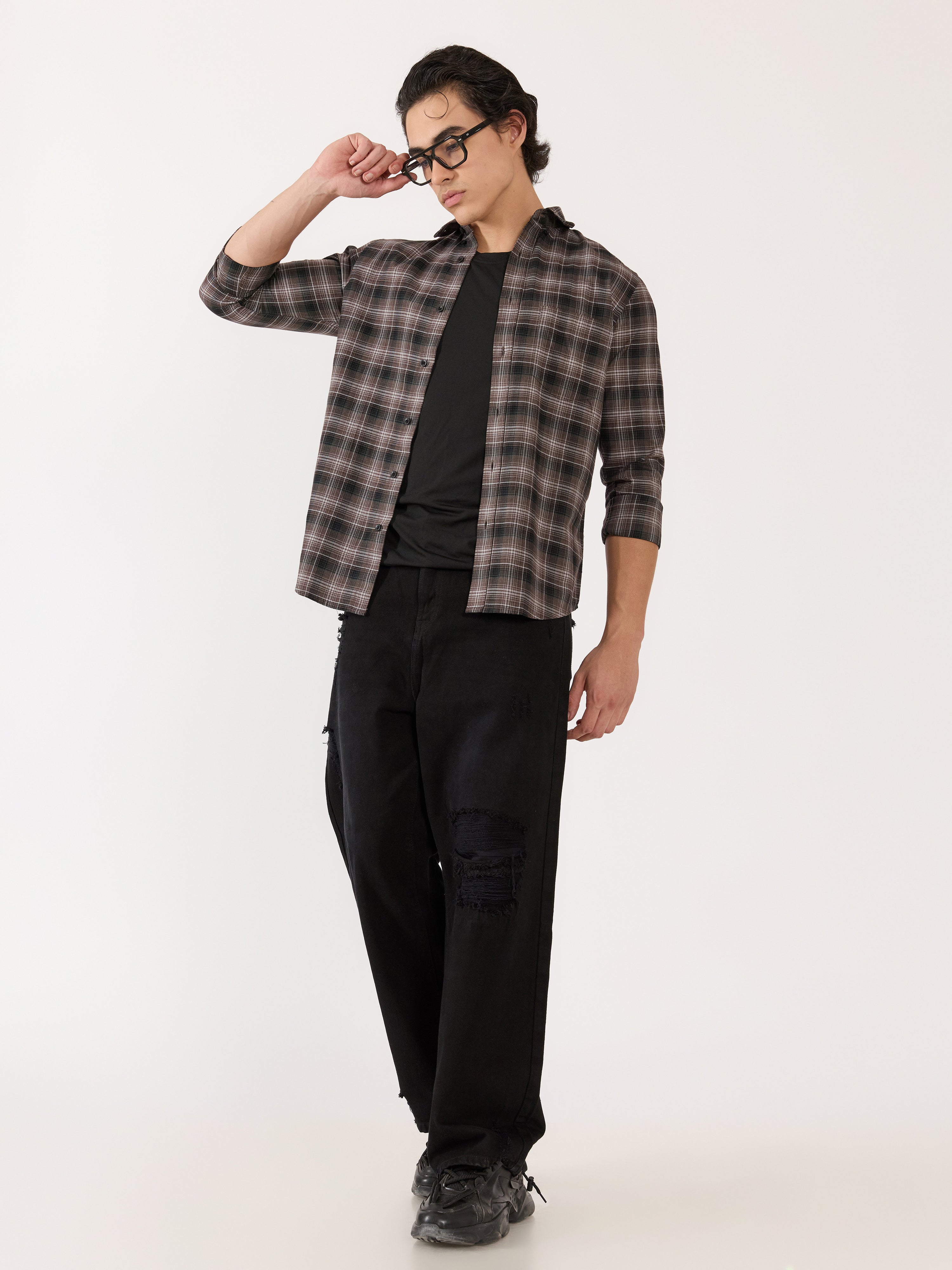 Men's Turkish Fit Checked Shirt - Brown