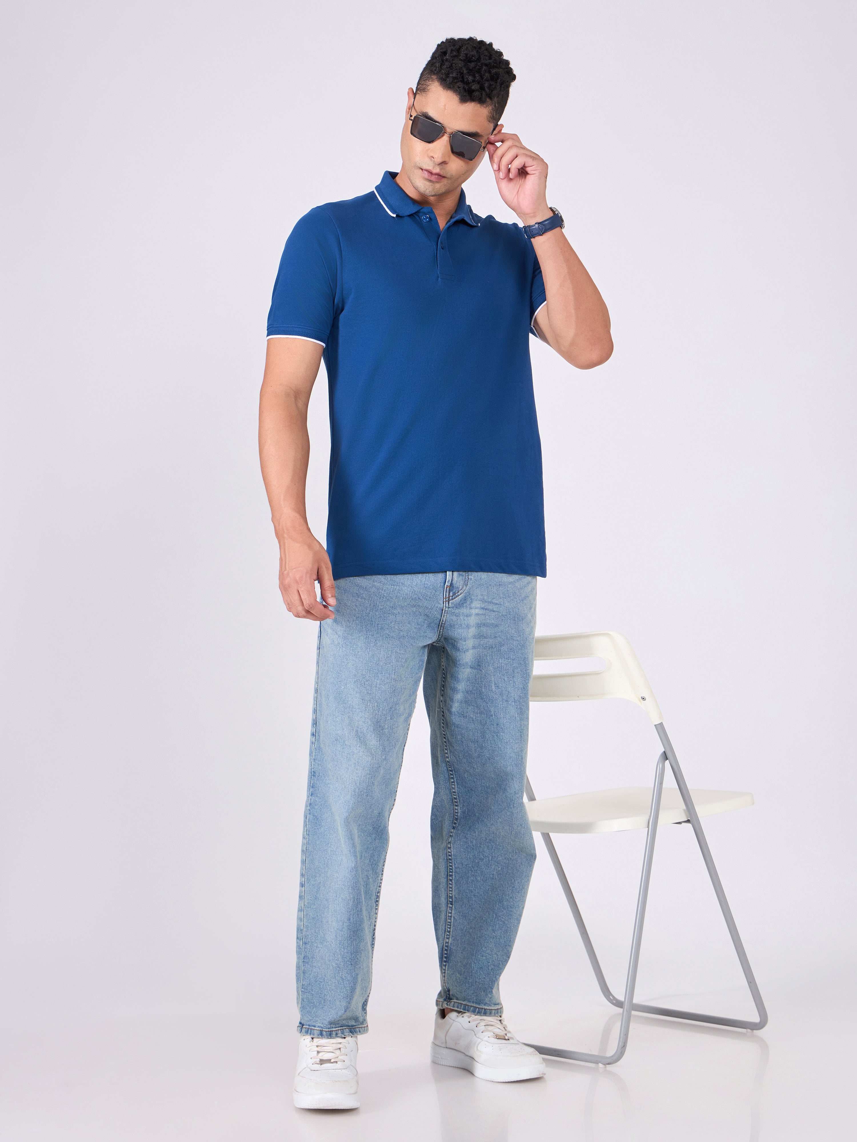 Men's Polo T-Shirt with Contrast Tipping - classic blue