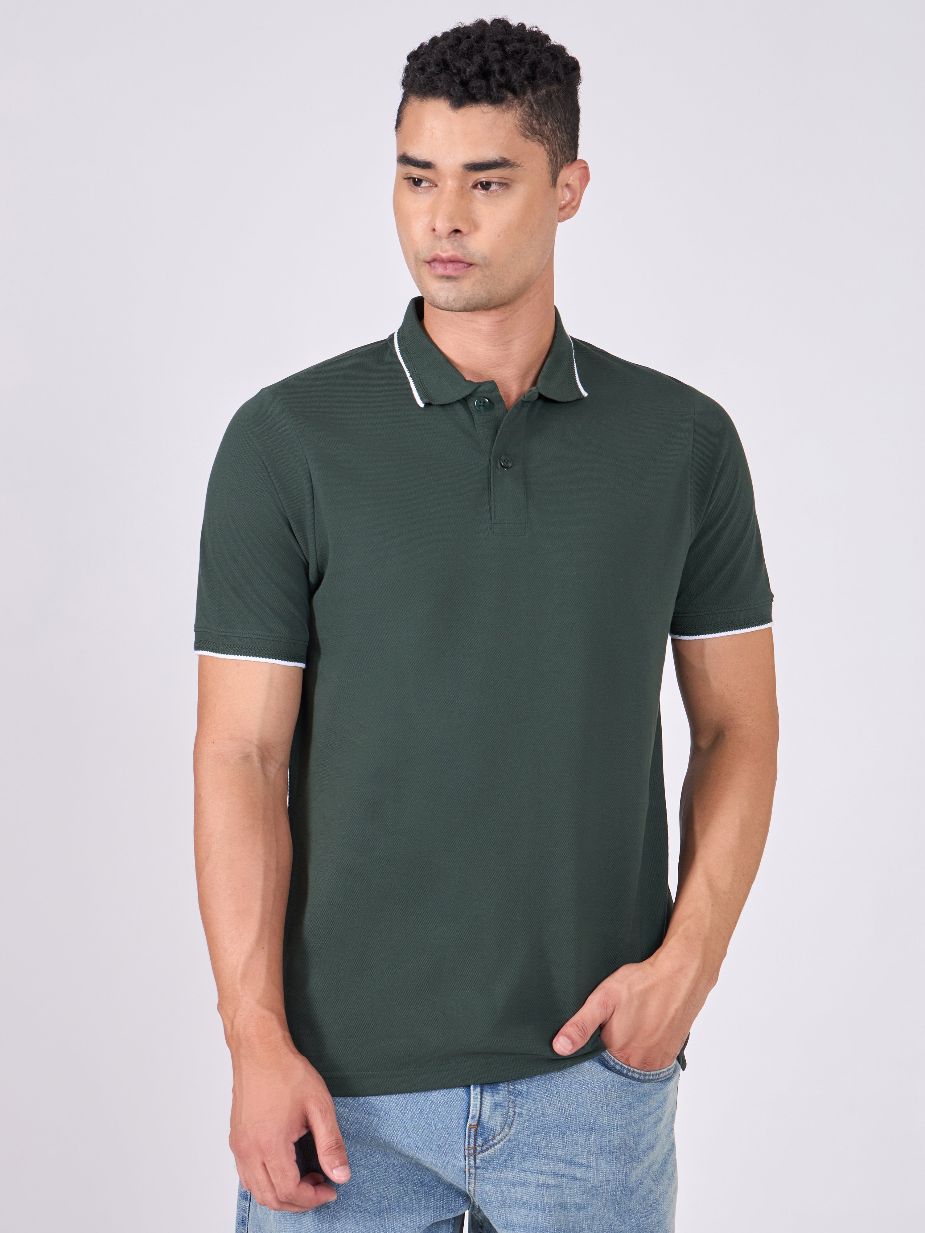 Men's Polo T-Shirt with Contrast Tipping - bottle green