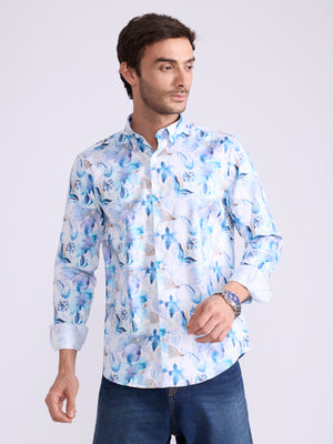 Men's Satin Floral Printed Shirt in Dodger Blue