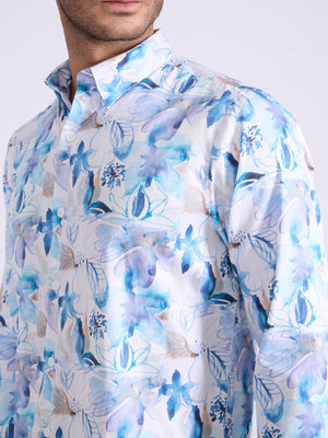 Ulfred - Satin Floral Printed Shirt - Dodger Blue - Espanshe
