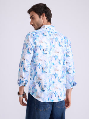 Men's Satin Floral Printed Shirt in Dodger Blue