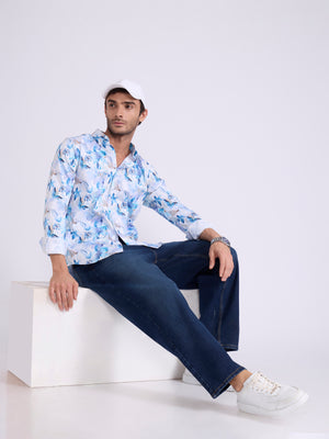 Men's Satin Floral Printed Shirt in Dodger Blue