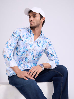 Men's Floral Printed Shirt in Dodger Blue