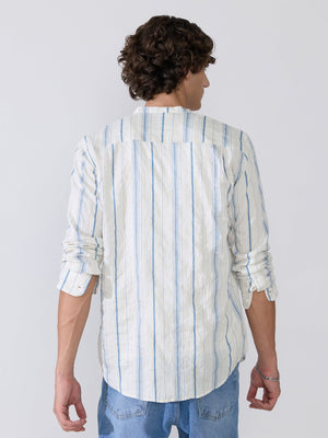 Aumena - Crinkle Pattern Striped Band Neck Shirt - Blue - Espanshe