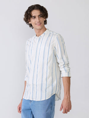 Aumena - Crinkle Pattern Striped Band Neck Shirt - Blue - Espanshe