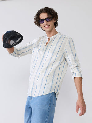 Aumena - Crinkle Pattern Striped Band Neck Shirt - Blue - Espanshe