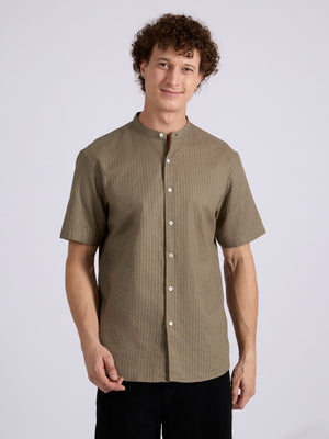 Men's Band Collar Striped Shirt - olive brown