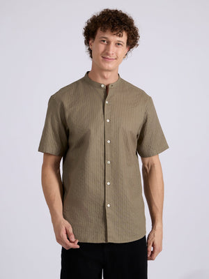 Zabriel - Band Collar Striped Shirt - Olive Brown - Espanshe