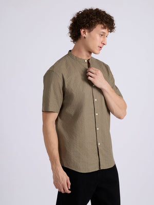 Zabriel - Band Collar Striped Shirt - Olive Brown - Espanshe