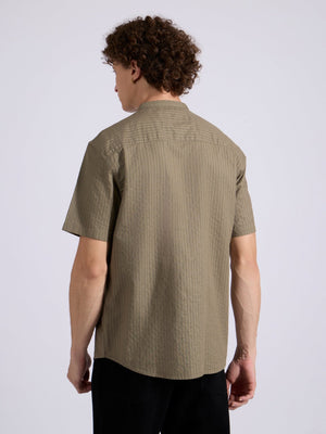 Zabriel - Band Collar Striped Shirt - Olive Brown - Espanshe