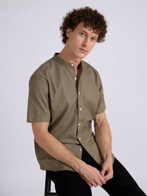 Zabriel - Band Collar Striped Shirt - Olive Brown - Espanshe