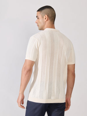 Kikeos-3 - Regular Fit Textured Open Knit Polo T-Shirt - Cream - Espanshe