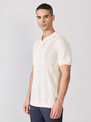 Kikeos-3 - Regular Fit Textured Open Knit Polo T-Shirt - Cream - Espanshe
