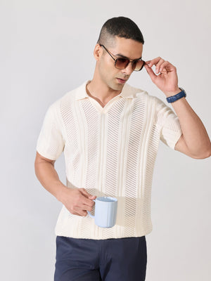 Kikeos-3 - Regular Fit Textured Open Knit Polo T-Shirt - Cream - Espanshe