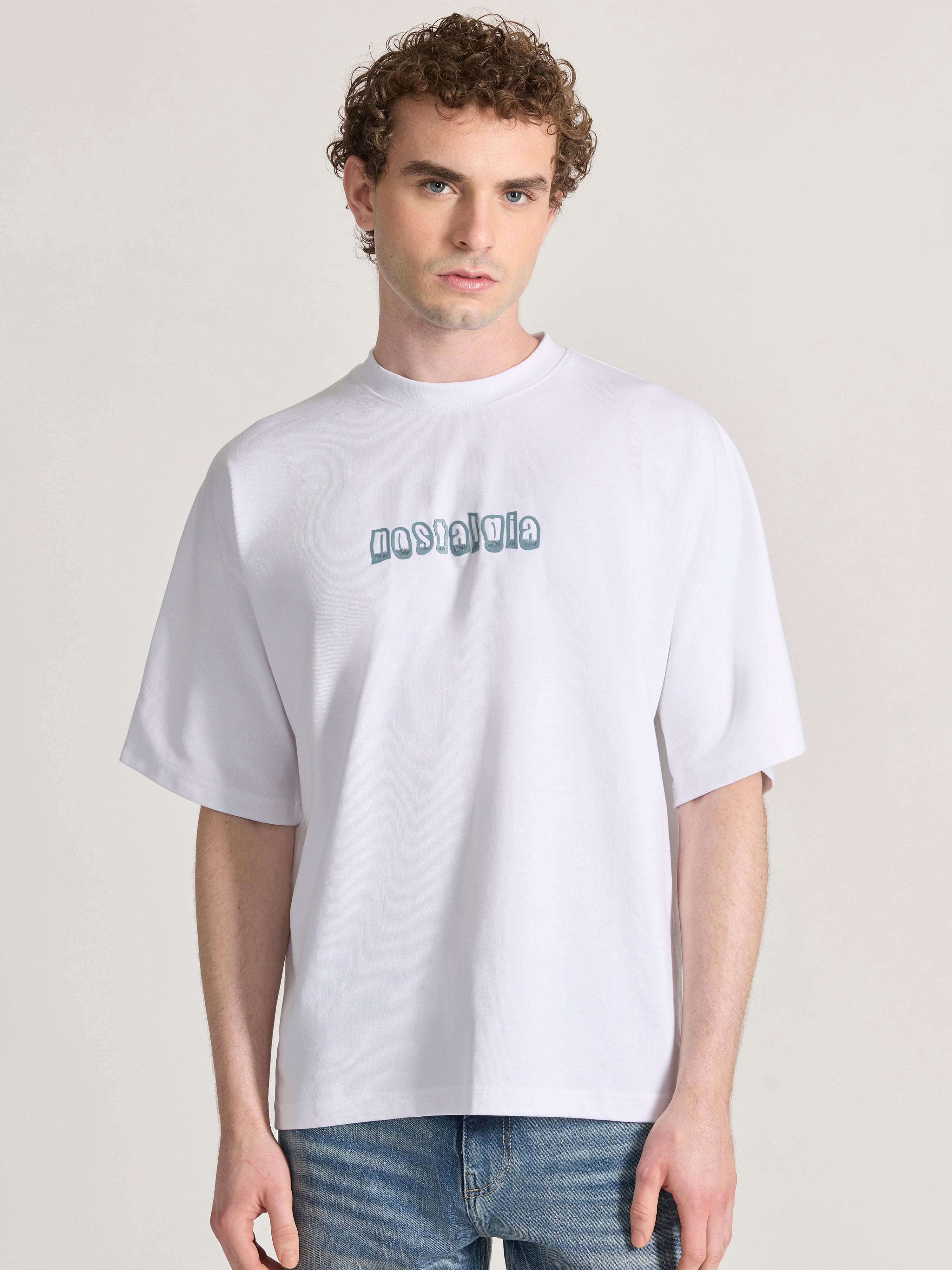 Men's Printed White Baggy T-Shirt