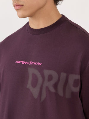 Sheldon - Drip Printed Dark Plum Loose Fit T-Shirt - Espanshe