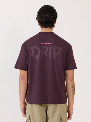 Sheldon - Drip Printed Dark Plum Loose Fit T-Shirt - Espanshe