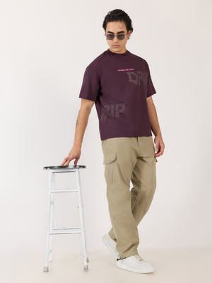 Men's Printed Dark Plum Loose Fit T-Shirt