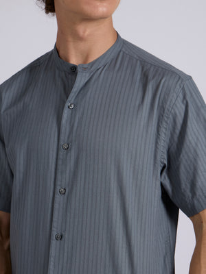 Men's Band Collar Striped Shirt - steel blue