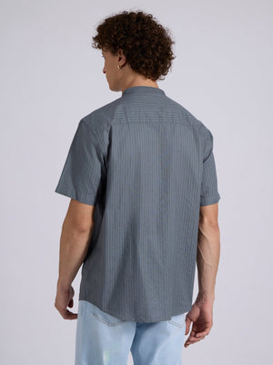 Zabriel - Band Collar Striped Shirt - Steel Blue - Espanshe