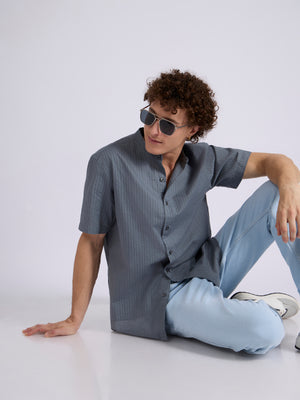 Men's Band Collar Striped Shirt - steel blue