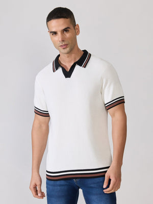 Kikeos-4 - Regular Fit Contrast Collar Knit Polo T-Shirt - White - Espanshe