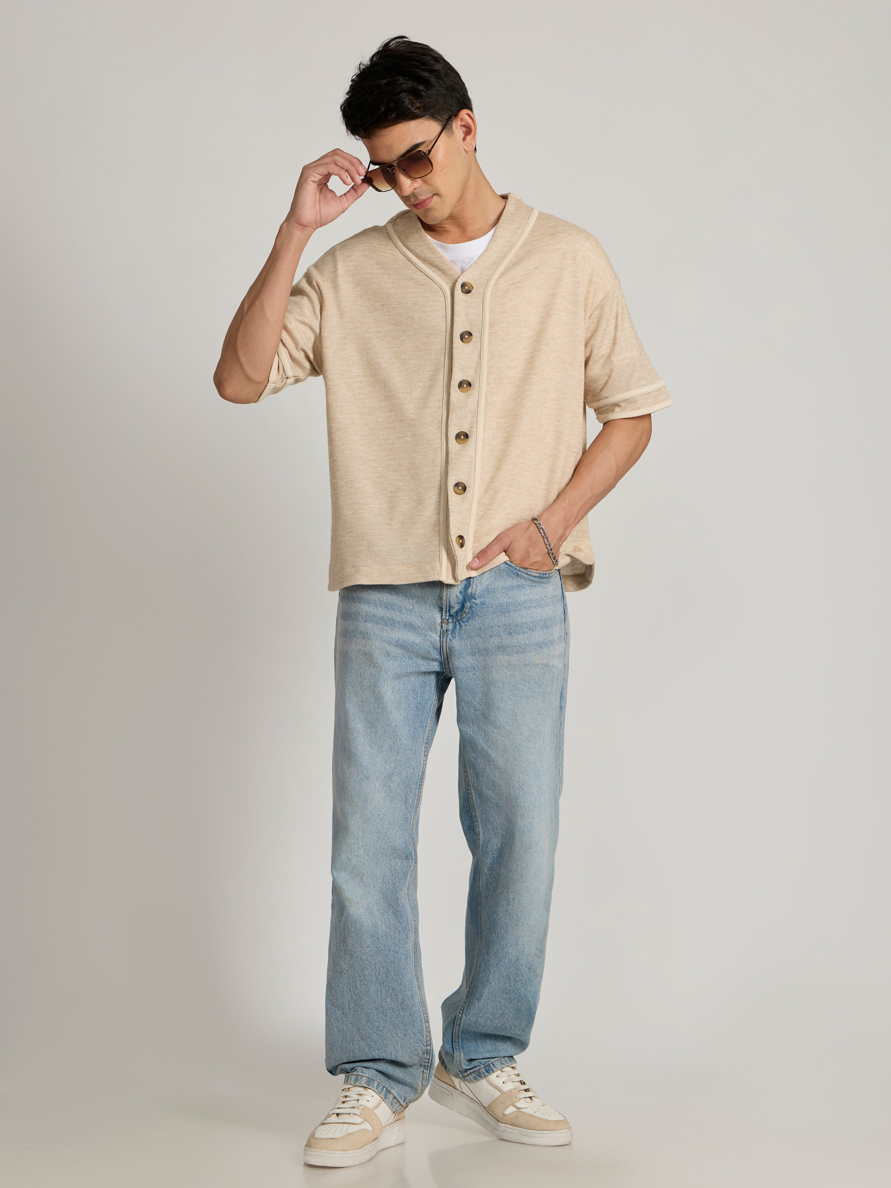 Men's Loose Fit Baseball Shirt - Cream