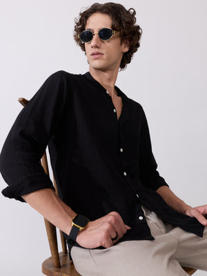 Yometo - Striped Band Neck Shirt - Black - Espanshe