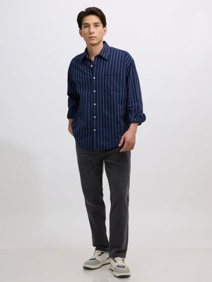Cullen - Casual Striped Shirt - Navy Blue - Espanshe