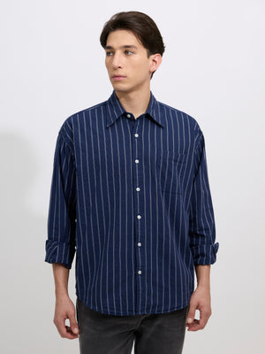 Cullen - men's Casual Striped Shirt - Navy Blue color