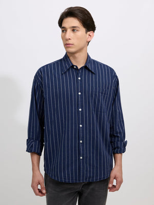 Cullen - Casual Striped Shirt - Navy Blue - Espanshe