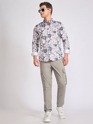 Men's Satin Floral Printed Shirt - Dark Steel Blue